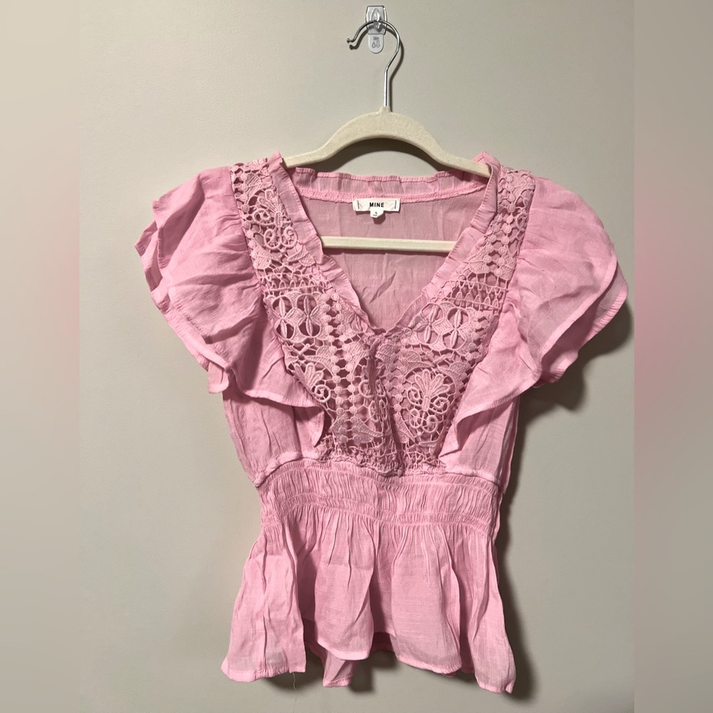 Pink Blouse with Lace/Crochet Trim